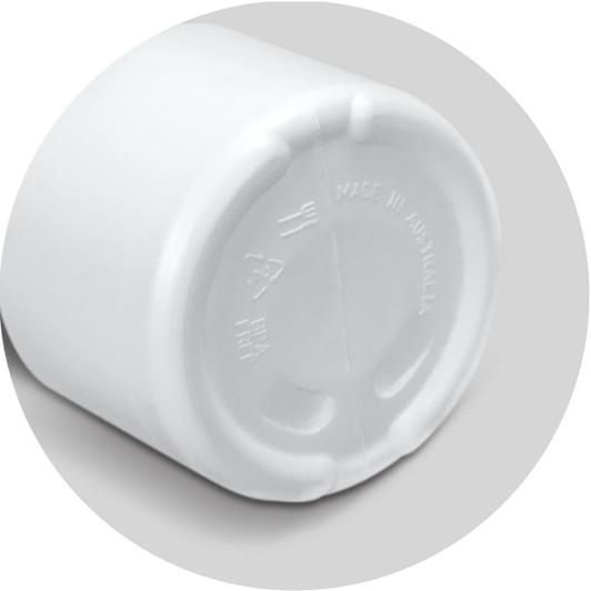 A drink bottle with a round base in white, featuring a logo on the side.