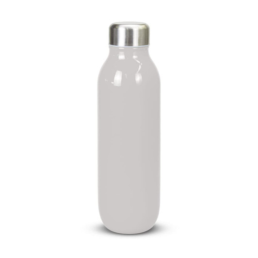 A drink bottle in a sleek white finish with a silver stainless steel lid and a smooth surface.