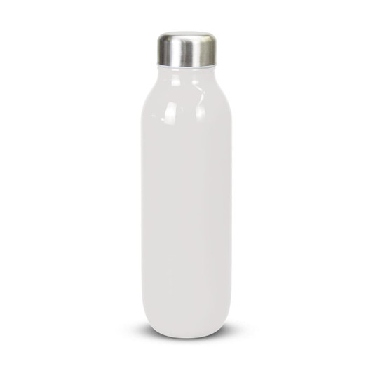 A drink bottle in white with a stainless steel lid and a sleek, modern design. It features a logo.