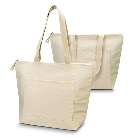 A cream-coloured cooler tote bag with a single strap and a large front pocket, featuring a logo.