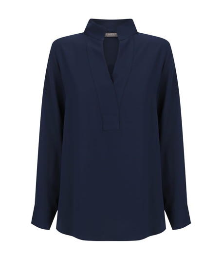 A navy long sleeve top with a collarless neckline and long sleeves, featuring a relaxed fit and branding.