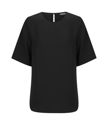 A black short sleeve top with a loose fit and a small rear keyhole opening. It features a subtle brand logo.