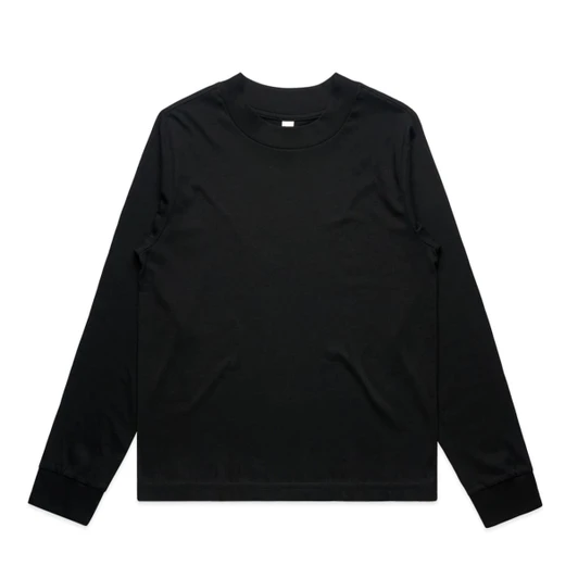 A black long-sleeve t-shirt with a round neckline and fitted cuffs. It features a logo on the front.