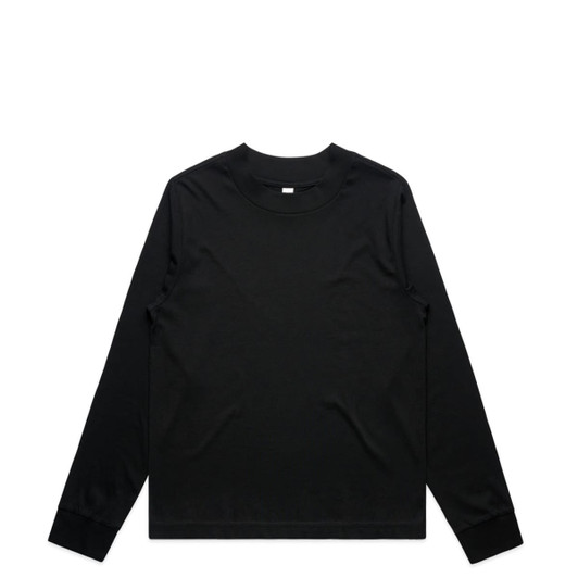 A black long-sleeve T-shirt displayed flat, featuring a round neckline and fitted cuffs. It has a logo.