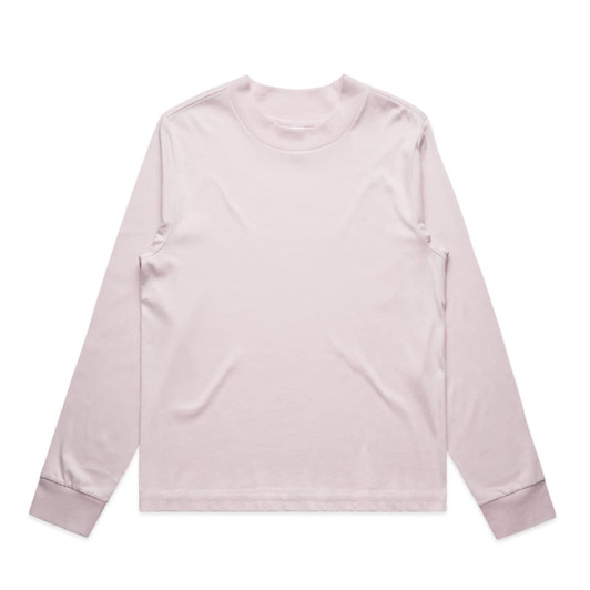 A light pink long-sleeved tee with a simple design and cuffs at the sleeves, featuring a logo.