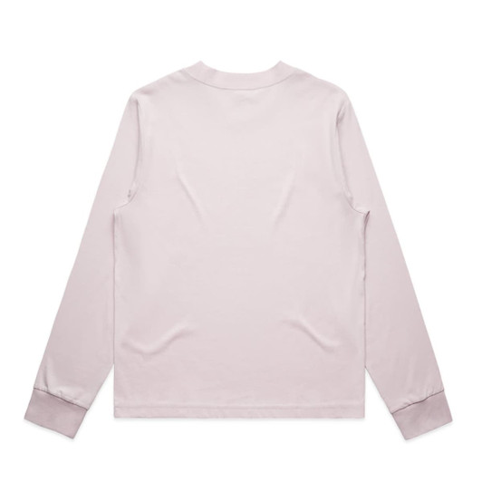 A light pink long-sleeve T-shirt, featuring a simple design and cuffs at the sleeves. It has a logo on the back.