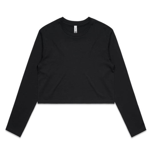 A black long-sleeve cropped t-shirt featuring a round neckline and simple design, with a logo present.