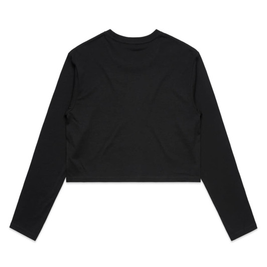 A black long-sleeve cropped T-shirt with a simple design and no visible branding on the back.