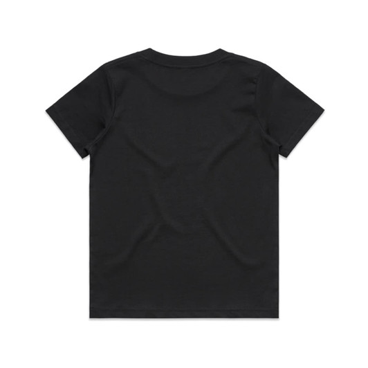 A black kids' T-shirt featuring a plain back design and a small logo.