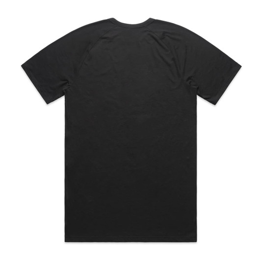 A black t-shirt featuring a simple design with a logo. The shirt has a relaxed fit and short sleeves.