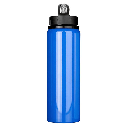 A drink bottle made of recycled stainless steel, featuring a bright blue exterior and a black lid with a spout.