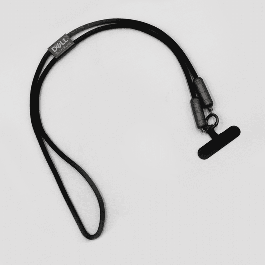 A black lanyard with dual connectors for data and charging cables, featuring a logo.