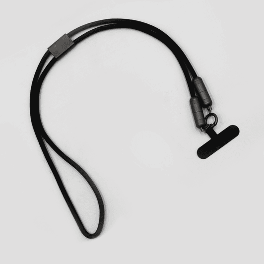 A black lanyard with data and charging connectors on each end. It includes a branding logo.