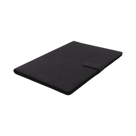 A black portfolio with a smooth exterior and a flap closure, featuring a logo on the surface.