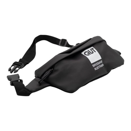 A black duffle bag with a strap and a logo, featuring a sleek design and zippered compartment.