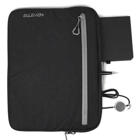 A black organiser featuring a zip pocket, a notebook, a pen, and a cord for headphones. It has a logo.