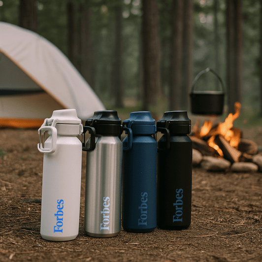 A drink bottle collection featuring white, silver, navy, and black bottles, each with a logo, set in a camping environment.