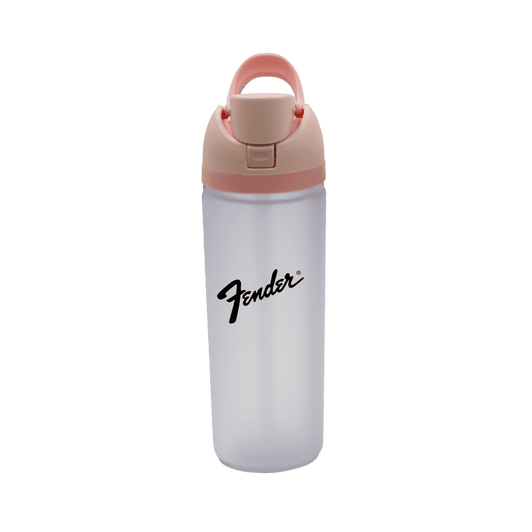 A drink bottle featuring a pink lid and a clear body, with a logo on the front.