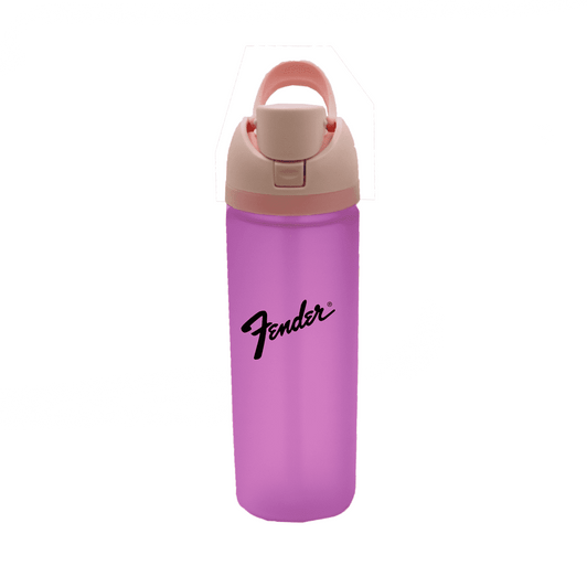 A drink bottle in pink with a beige lid, featuring a logo. Suitable for various beverages.