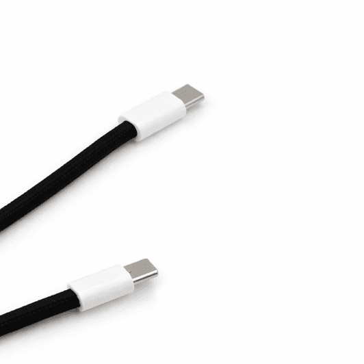 A black charging lanyard with two USB connectors at each end, featuring white accents.