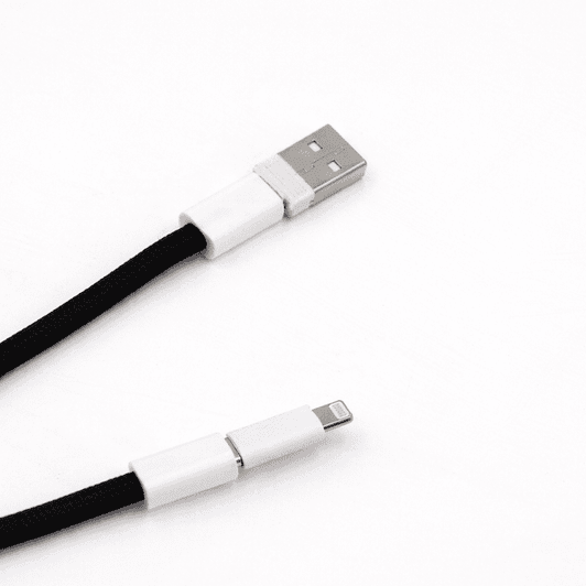 A black charging lanyard with white connectors at both ends, featuring a USB and a Lightning connector.