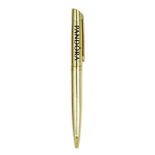 A gold metal ball pen with a clip and a logo on the body.