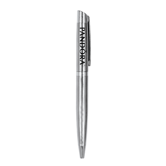 A silver metal ball pen with a clip and a logo on the side. The pen has a sleek and polished design.