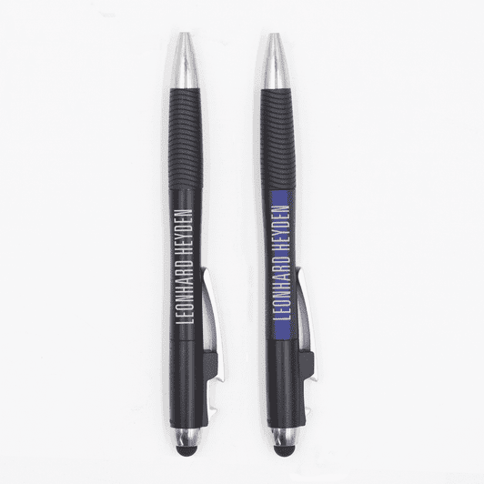 A pair of black pens with silver accents and branding, featuring rubber grips and stylus ends.