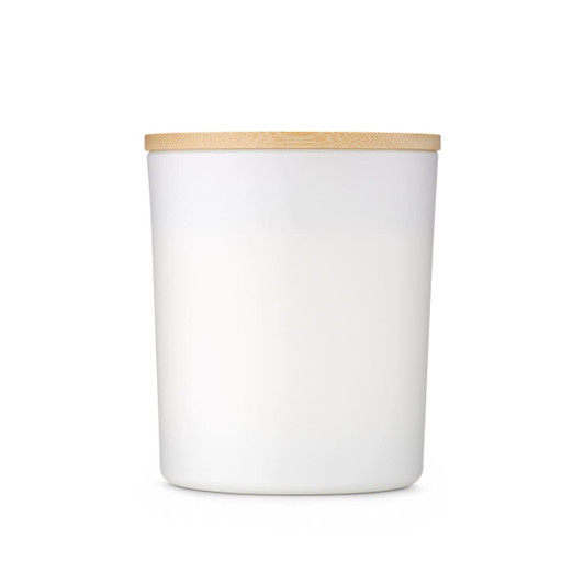 A large white glass candle with a bamboo lid, designed for home and living decor.