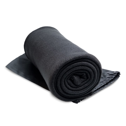 A rolled black fleece blanket with a smooth finish, featuring a protective fabric layer underneath.
