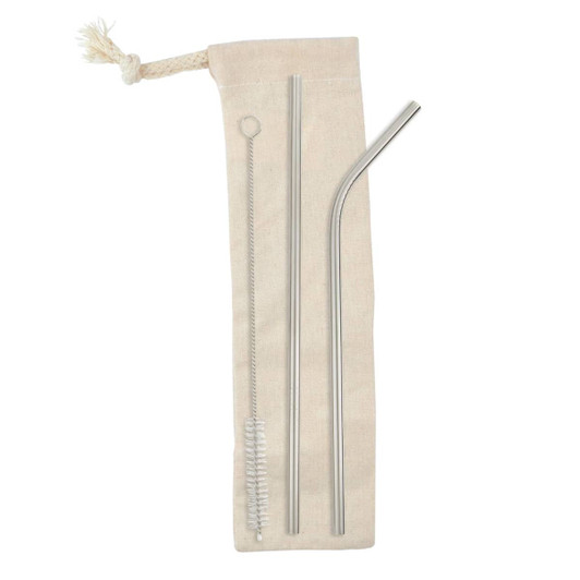 A set of stainless steel straws in a beige pouch, including a straight straw, a bent straw, and a cleaning brush.