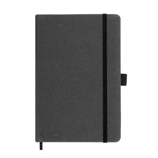 A grey notebook with a black elastic band closure and a ribbon bookmark. It has a simple, sleek design.