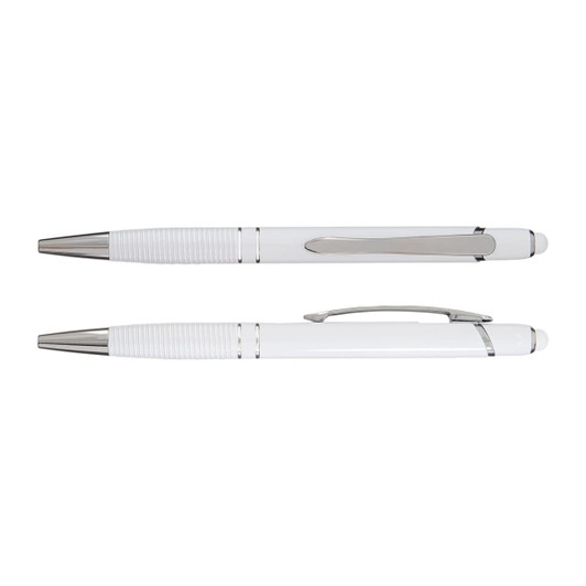 A white aluminium pen with silver accents, featuring a grooved grip and a clip. The pen has a sleek, modern design.