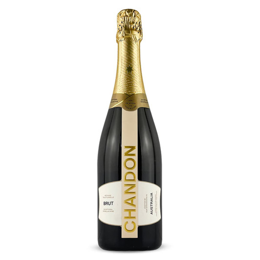 A champagne bottle with a black body and a gold foil neck, featuring a prominent label with a logo.