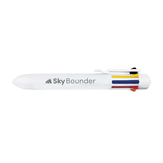 A white pen with a logo, featuring multiple coloured ink options in red, blue, yellow, and black.