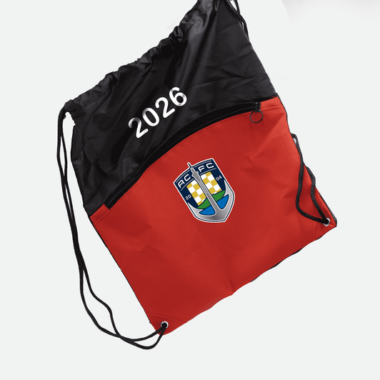 A red and black drawstring bag with a logo and a zip pocket. The number "2026" is visible on the top.