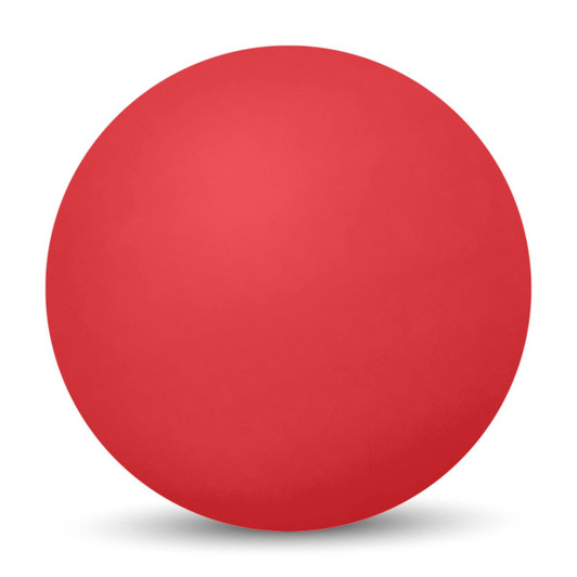 A bright red high bounce ball with a smooth surface and a rounded shape, featuring a logo.