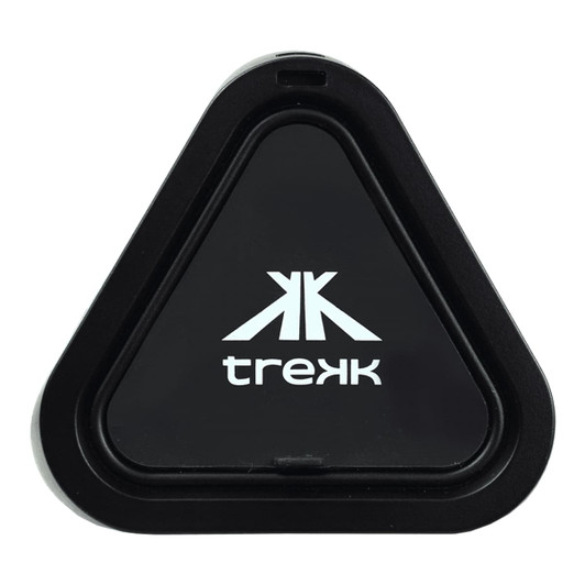 A triangular black speaker with a logo, featuring a sleek design suitable for outdoor use.