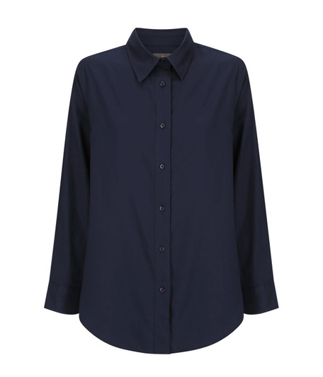 A navy blue long-sleeve shirt with a button-up front and a collar, featuring a logo.