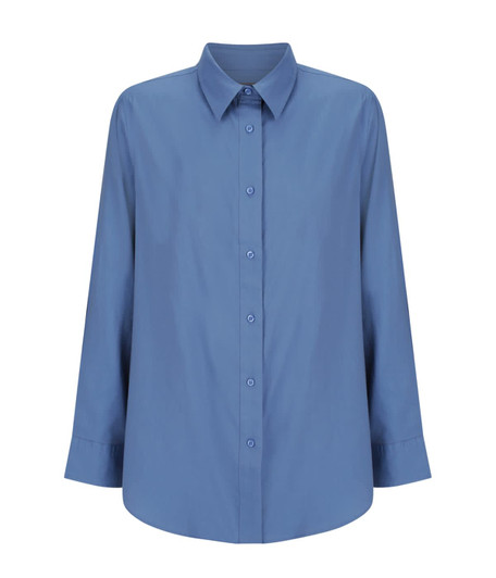 A blue long-sleeve shirt featuring a collared neckline and a button-up front, with a minimalistic design.