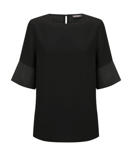 A black top featuring contrast cuff sleeves and a round neckline, with a back keyhole detail.