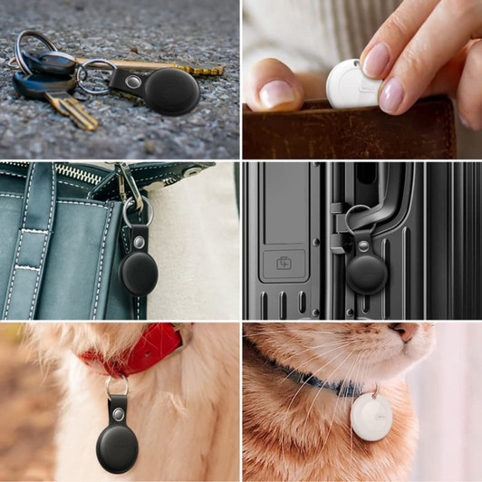 A black tracking tag with a PU case, shown attached to keys, a bag, luggage, and worn by a pet.