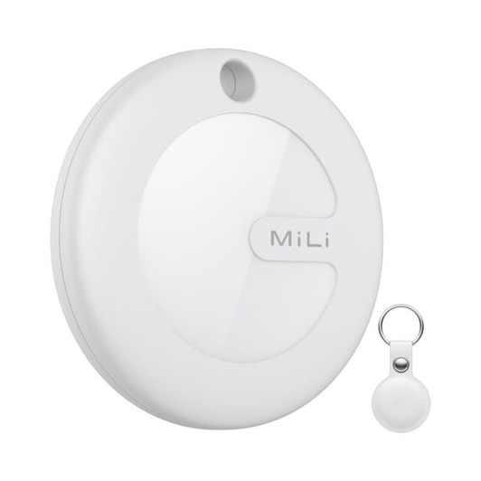 A white tracking tag with a glossy surface and a keychain attachment, accompanied by a small PU case.