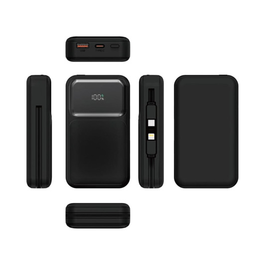 A black power bank featuring a retractable cable and digital display, showcasing multiple angles of the product.