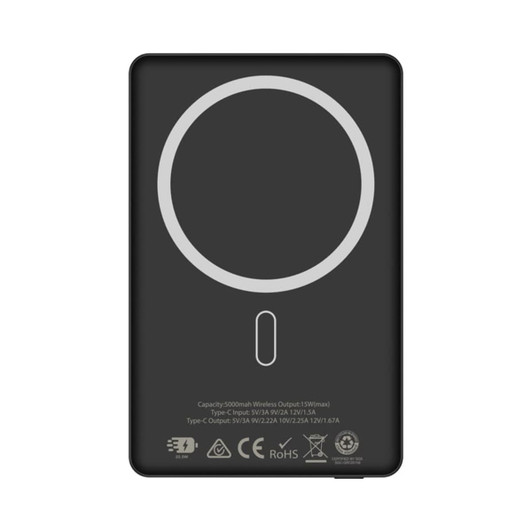 A black MagSafe power bank with a capacity of 5000 mAh, featuring a circular charging area and a branding logo.