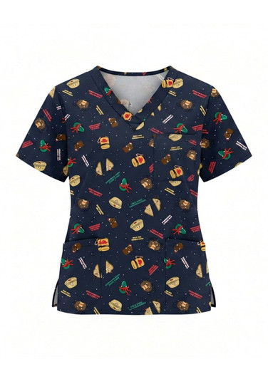 A unisex Christmas scrub top in navy featuring festive patterns, including decorations and food items, with a logo.