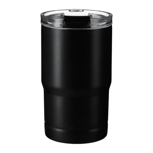 A drink bottle in matte black with a clear lid, featuring a sturdy, ergonomic design.