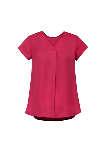 A women's blouse in a deep pink colour featuring a V-neck and pleat detail, with short sleeves and a loose fit.