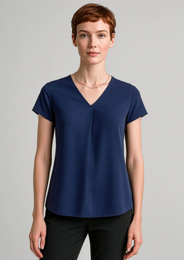 A navy blue V-neck pleat blouse with short sleeves, featuring a subtle pleat detail at the front.