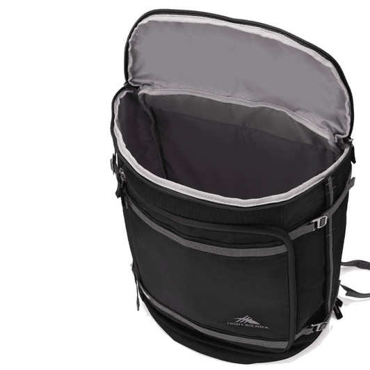 A black travel backpack with a grey interior and zipped compartments, featuring a logo on the front.